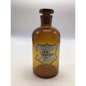 Apothecary Bottle Glass Amber Brown Stopper Label 7" SerFedrinat Antique Vintage